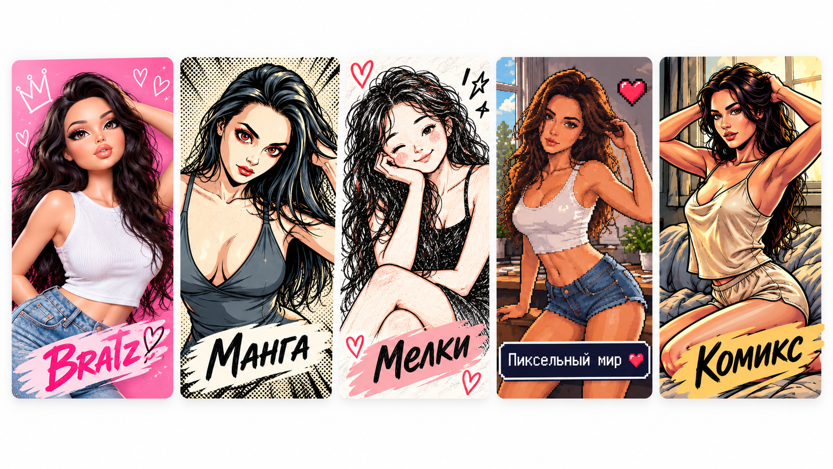 Пять вариантов стилизации фото: Bratz, манга, мелки, пиксели и комикс
