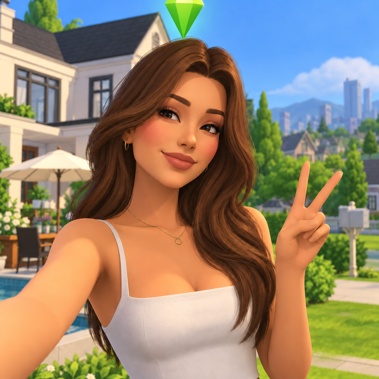 Девушка в стиле The Sims делает селфи на фоне виртуального города