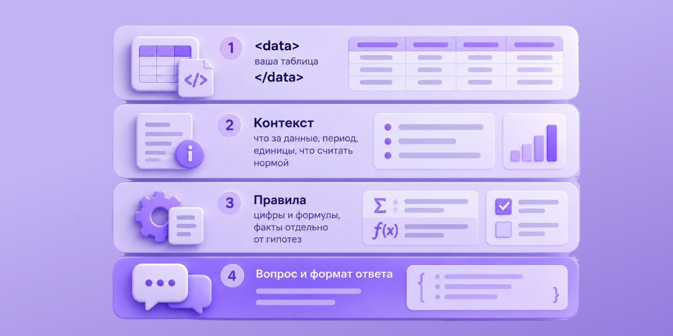 Порядок промпта для аналитики: данные, контекст, правила, вопрос