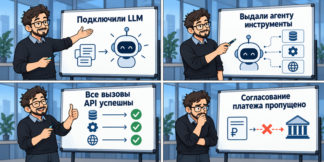 Комикс из четырёх кадров: агенту подключают LLM и инструменты, вызовы API проходят успешно, но согласование платежа оказывается пропущено.