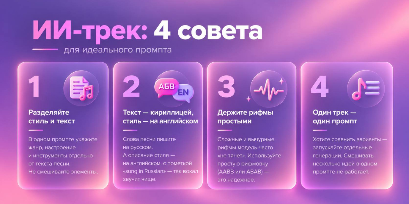 Формула промта для музыки: жанр, настроение, инструменты, вокал и темп