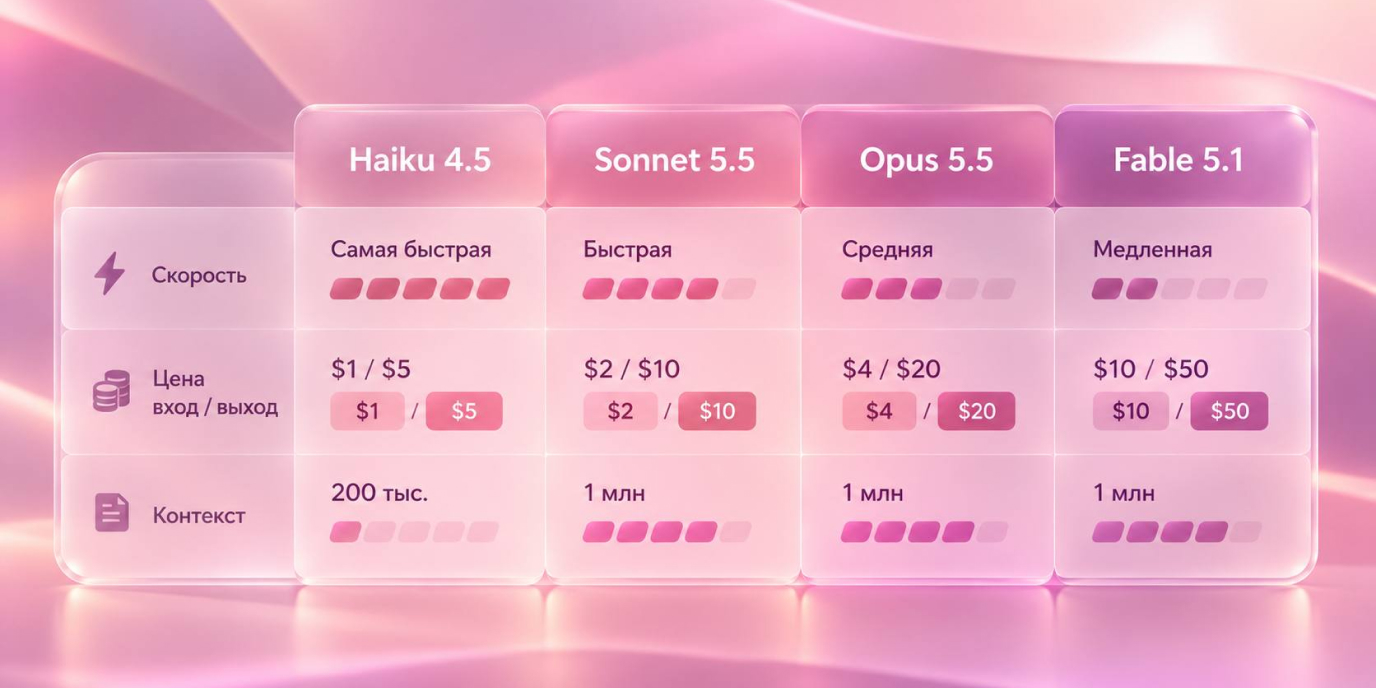 Сравнение четырёх моделей Claude по цене, скорости и контексту