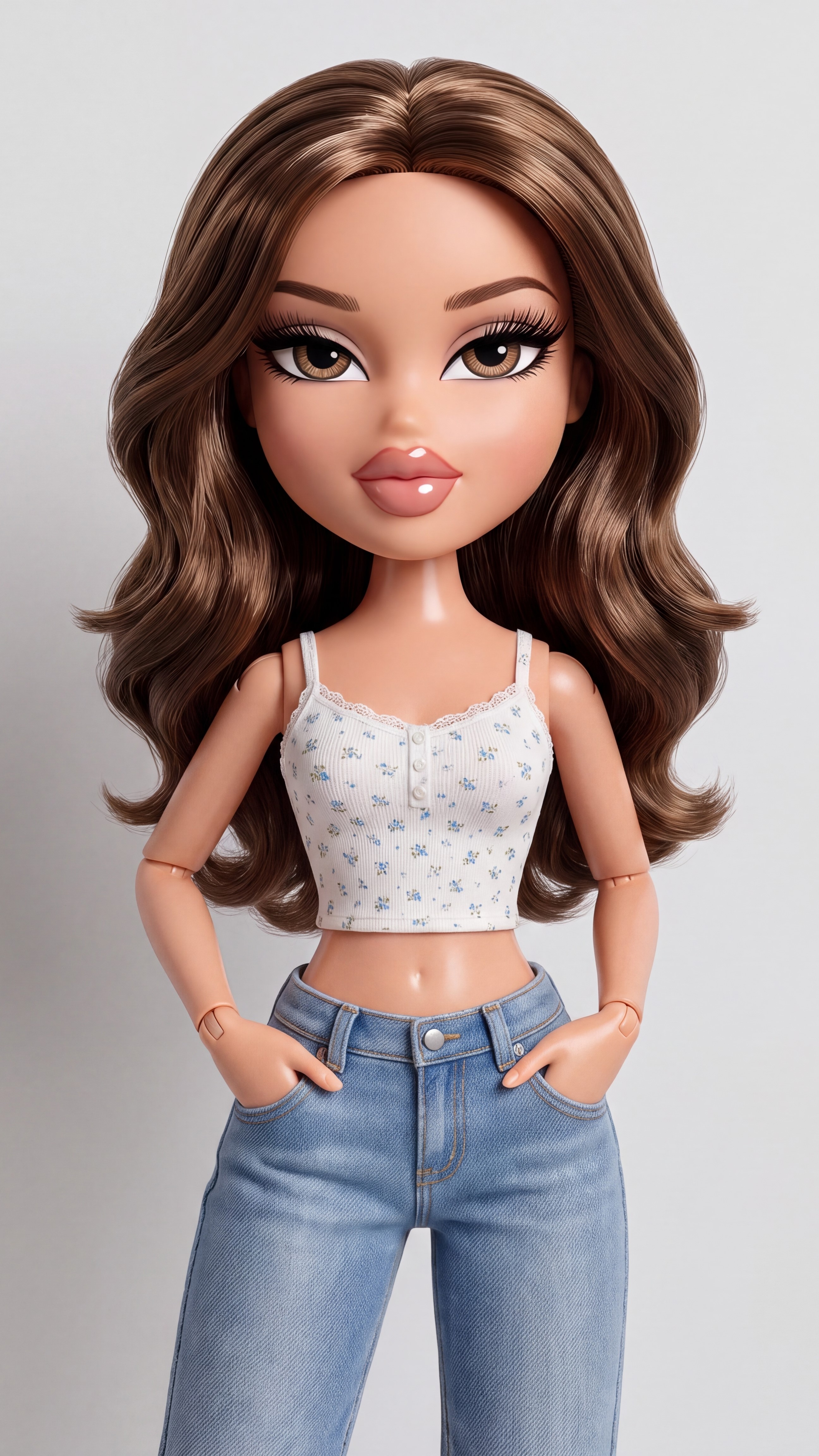 Кукла Bratz с длинными каштановыми волосами в белом топе и джинсах